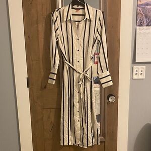 Vince Camuto Black and Cream Striped Long Sleeve Dress